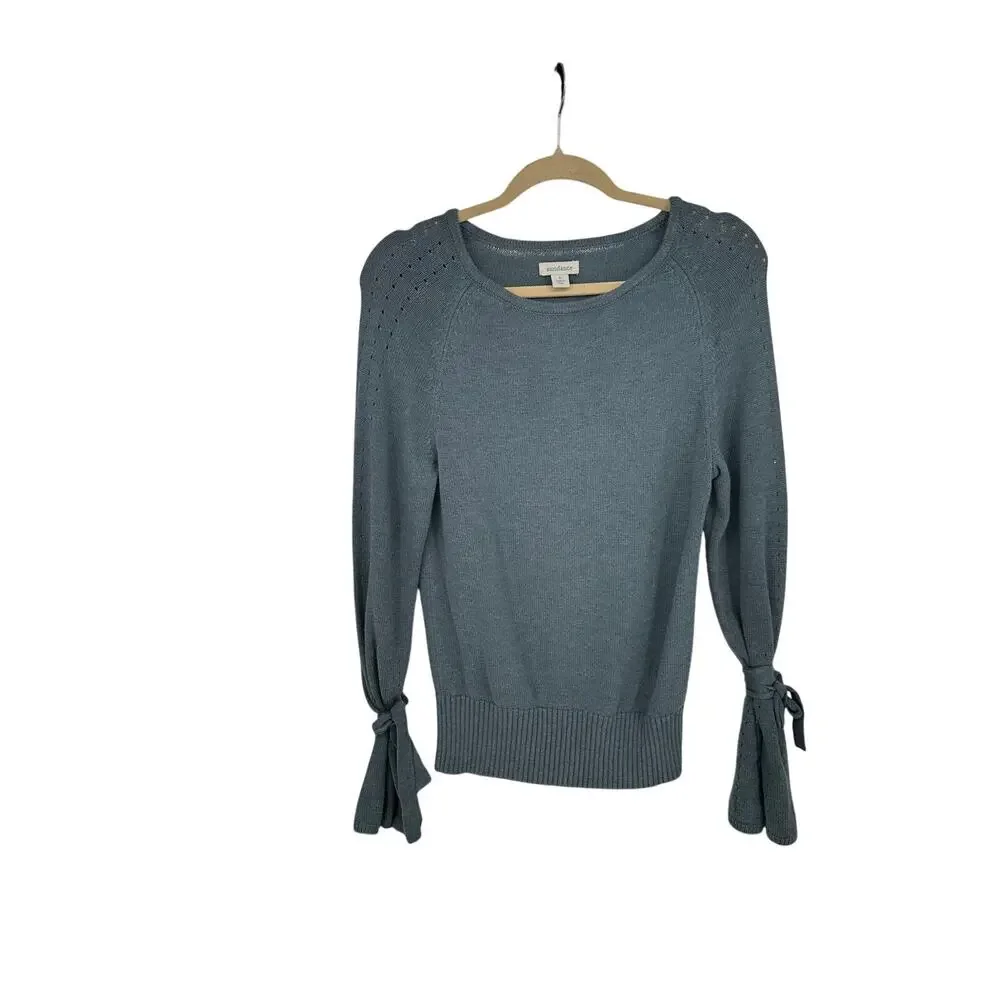 Sundance Light Blue Round Neck Sweater Tie Accent Cotton Merino Wool Women Small